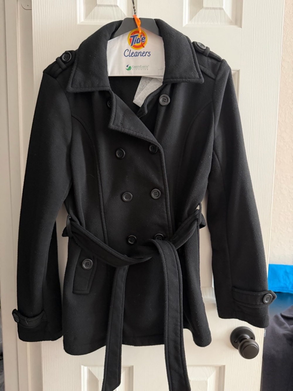 Classic Black Double-Breasted Pea Coat with Belt